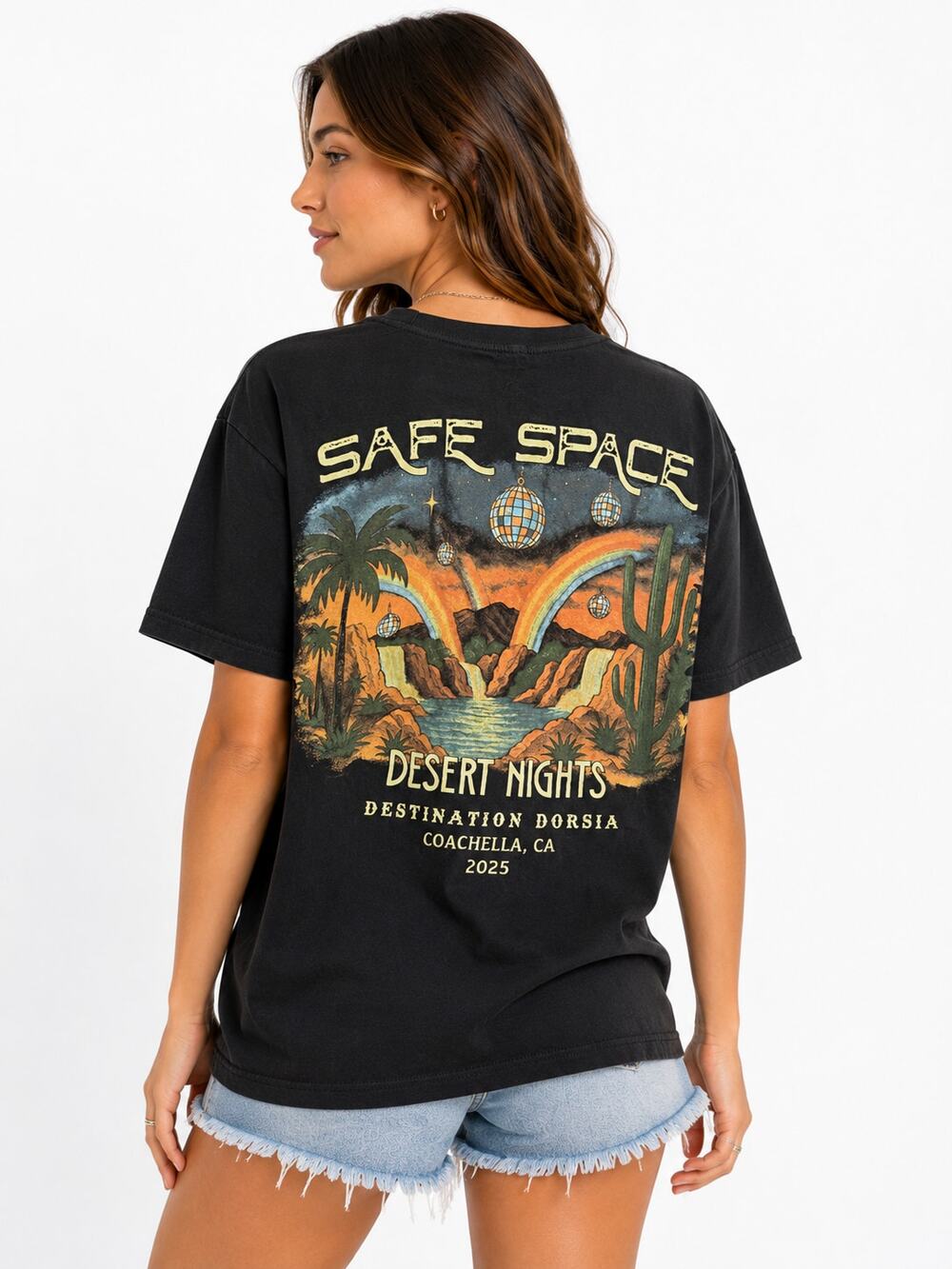 Dorsia Safe Space Desert Nights Graphic T Shirt Womens Lg Black Coachella 2025